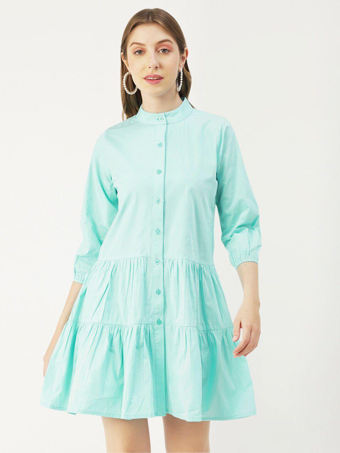 moomaya mandarin collar cuffed sleeves gathered tiered cotton a-line dress