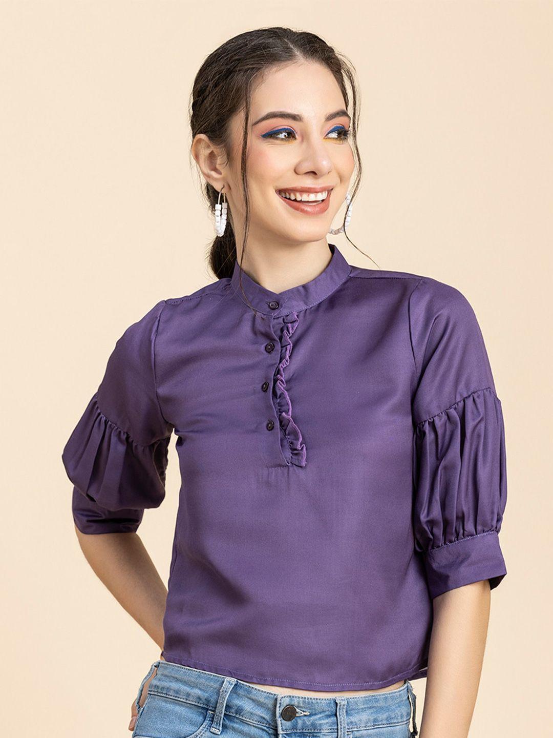 moomaya mandarin collar puff sleeve ruffles top