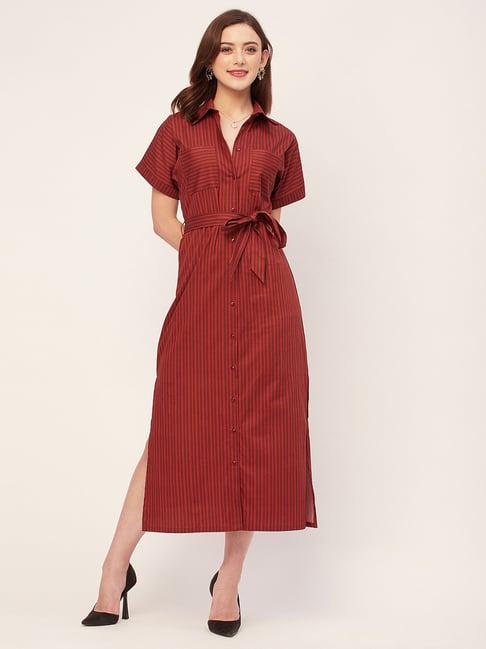 moomaya maroon cotton striped shirt dress