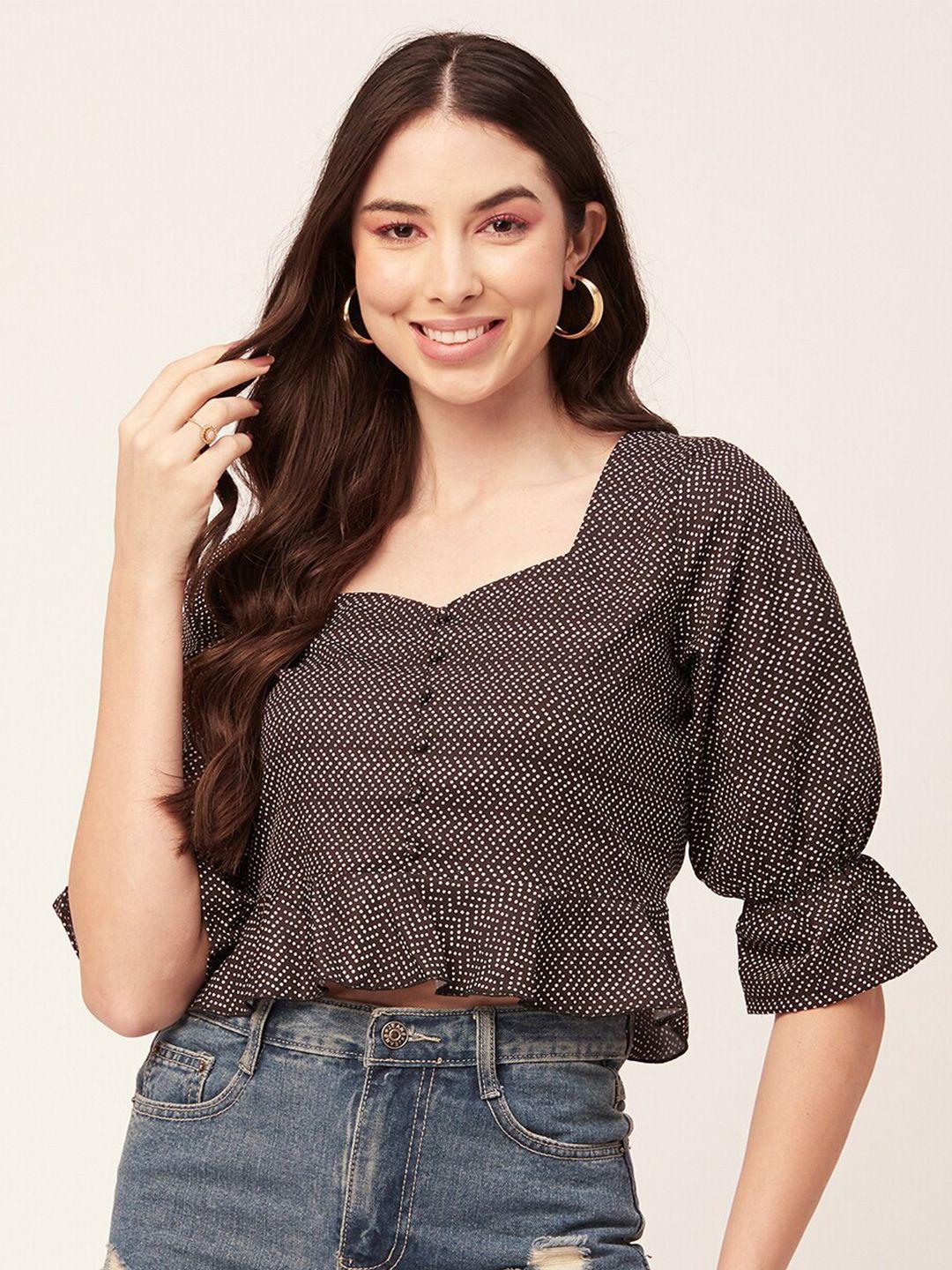 moomaya micro ditsy printed sweetheart neck bell sleeves crepe crop top