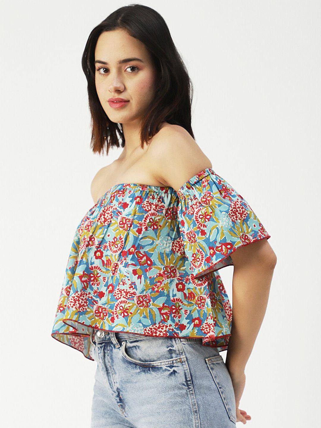 moomaya multicoloured floral print off-shoulder flared sleeve cotton bardot crop top