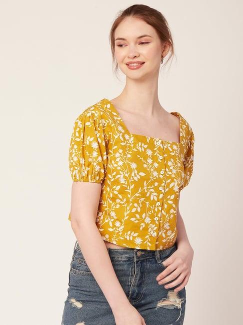 moomaya mustard & white cotton floral print crop top