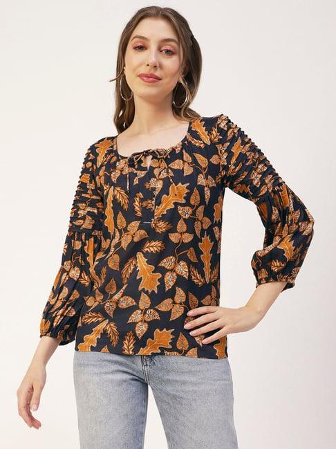 moomaya navy & orange printed top