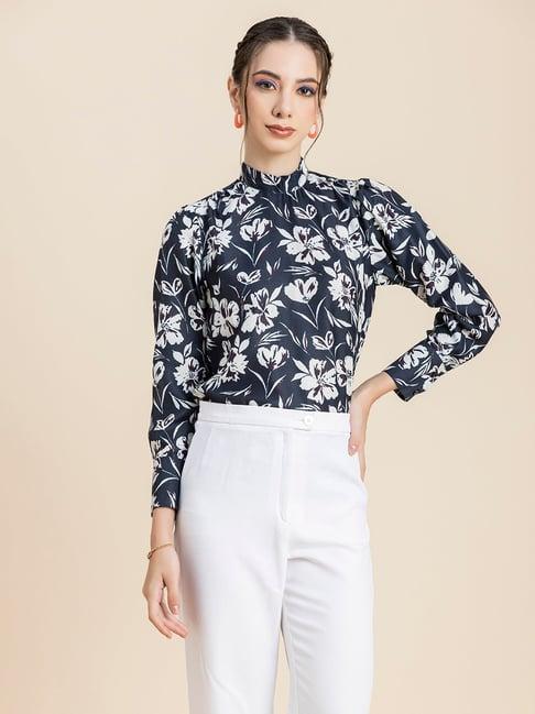 moomaya navy & white floral print top