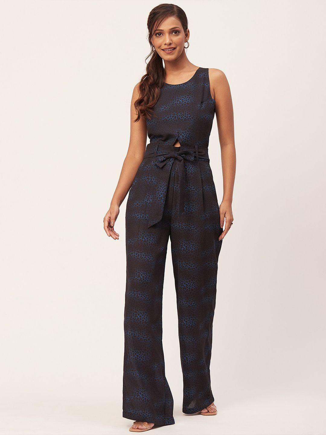 moomaya navy blue & black printed basic jumpsuit