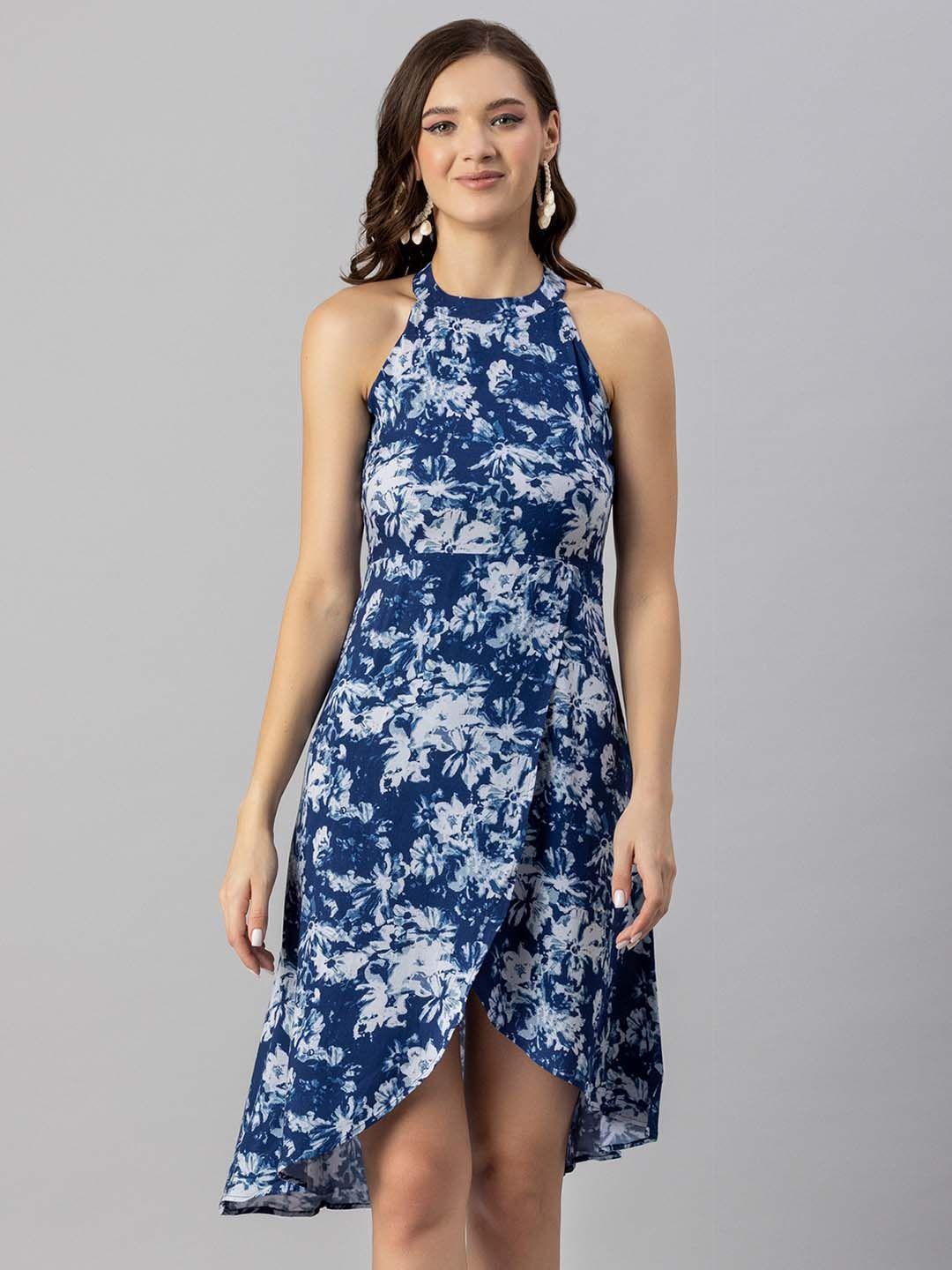 moomaya navy blue floral print sheath dress