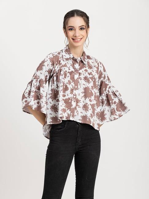 moomaya off white & brown floral print shirt