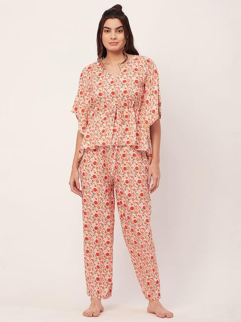 moomaya off white & orange floral print kaftan top with pyjamas