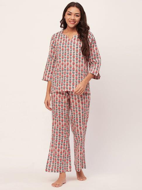 moomaya off white & red cotton floral print top with pyjamas
