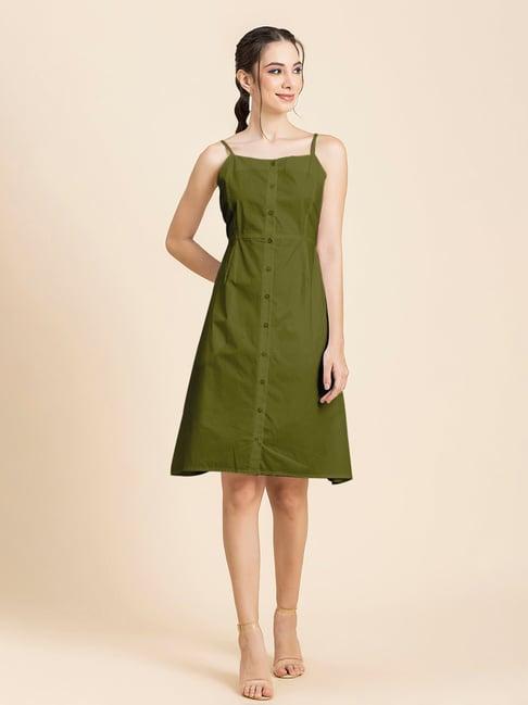 moomaya olive cotton regular fit a line dress