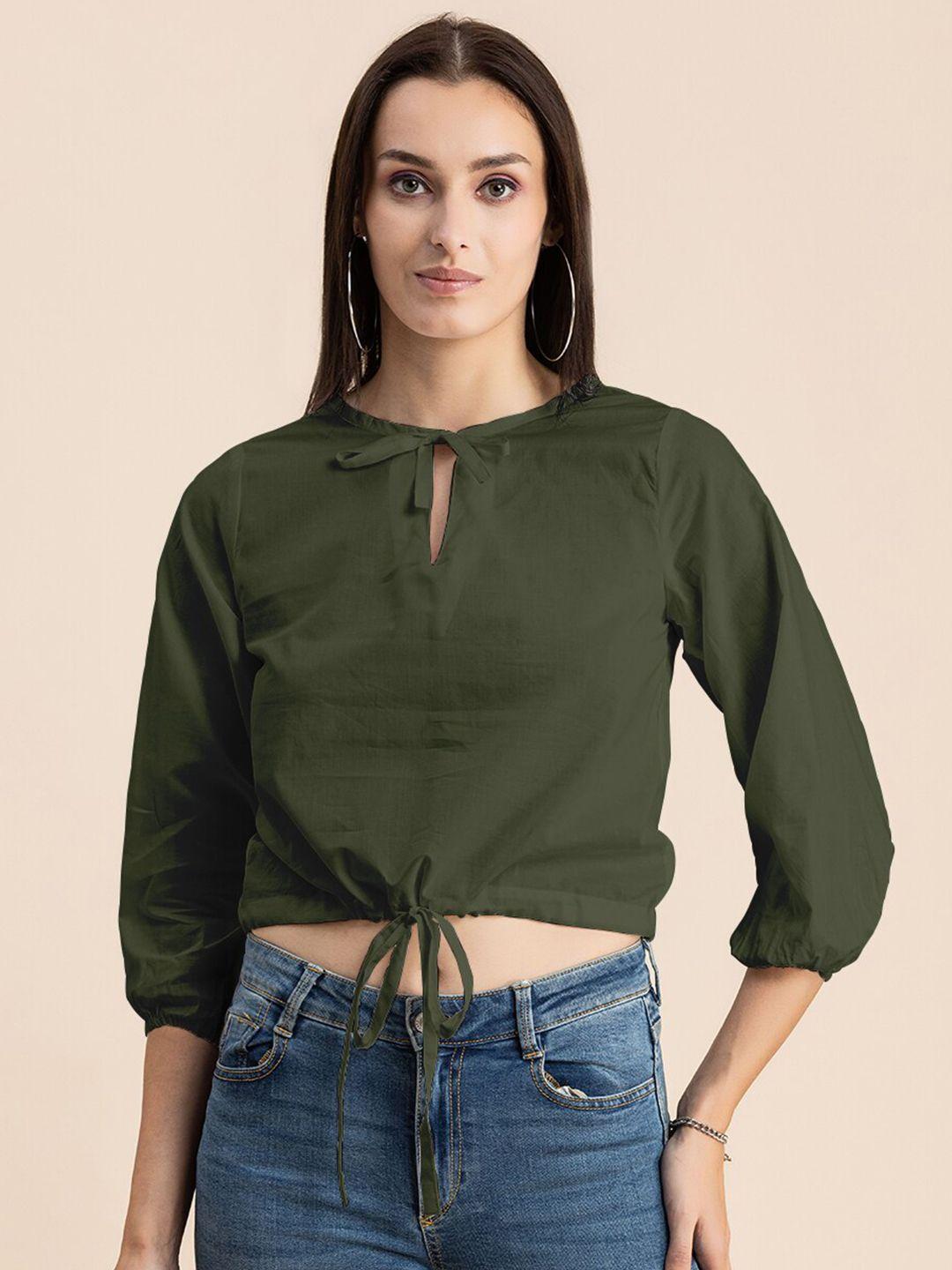 moomaya olive green keyhole neck puff sleeve cotton crop top