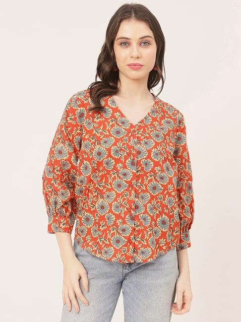 moomaya orange cotton floral print shirt