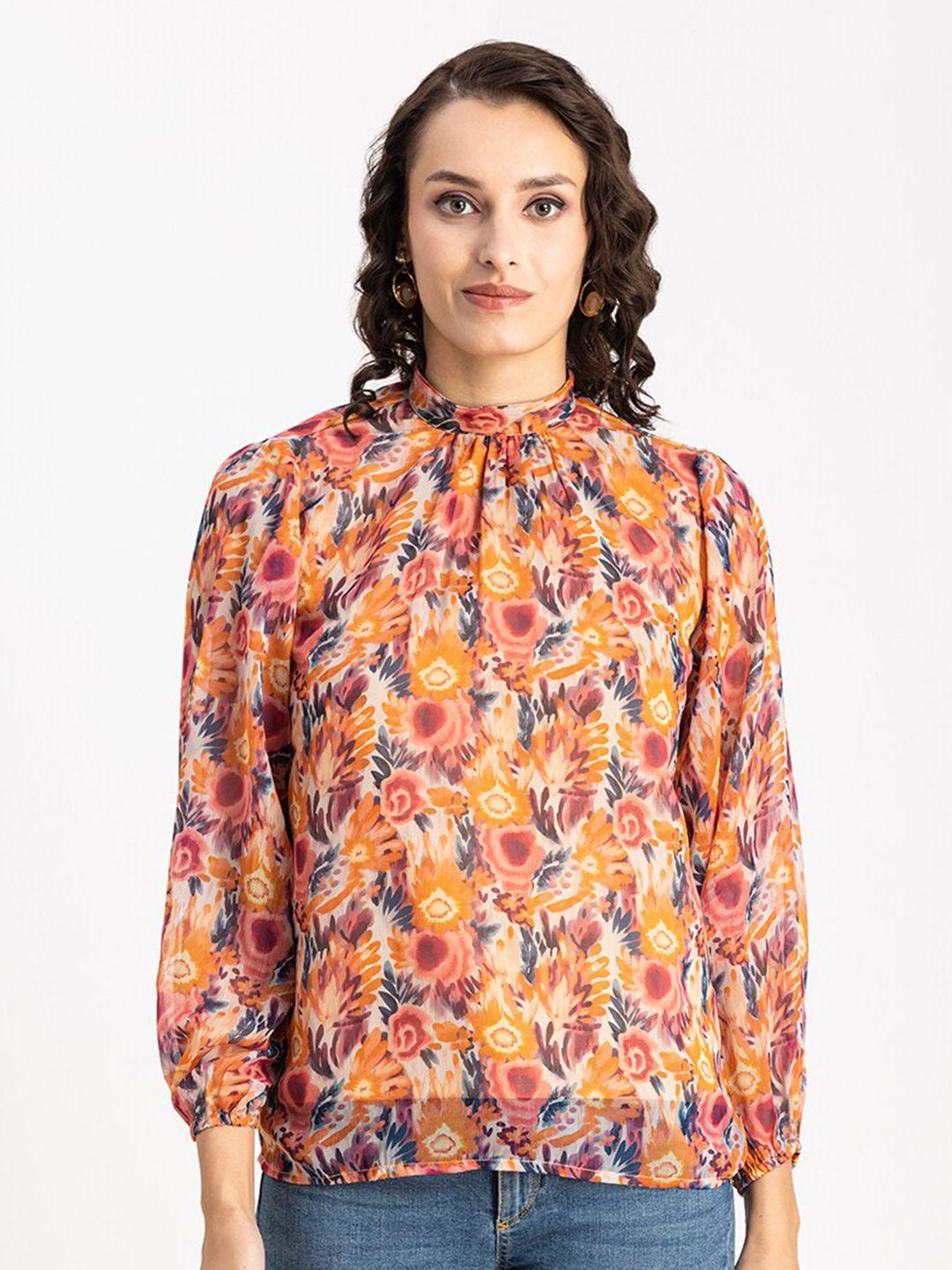 moomaya orange floral print puff sleeve chiffon blouson top