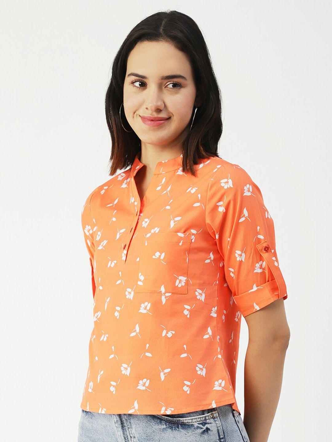 moomaya peach-coloured floral print mandarin collar extended sleeves cotton top