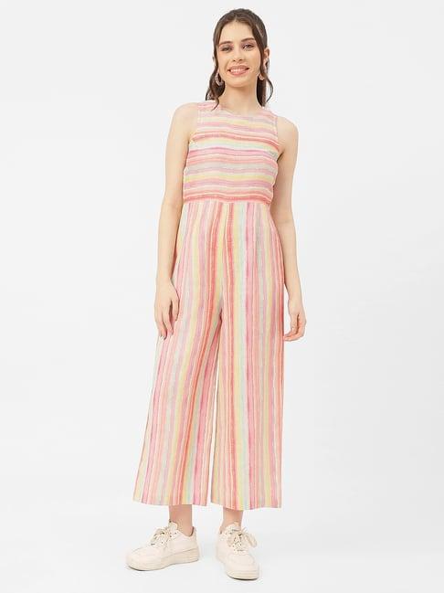 moomaya pink cotton blend striped jumpsuit
