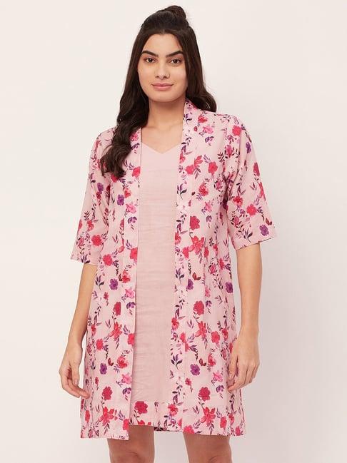moomaya pink cotton floral print night dress with shrug