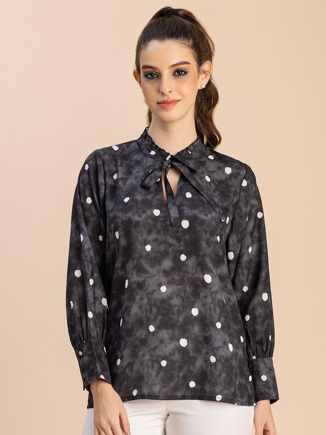 moomaya polka dot  printed tie up neck puff sleeves opaque casual shirt