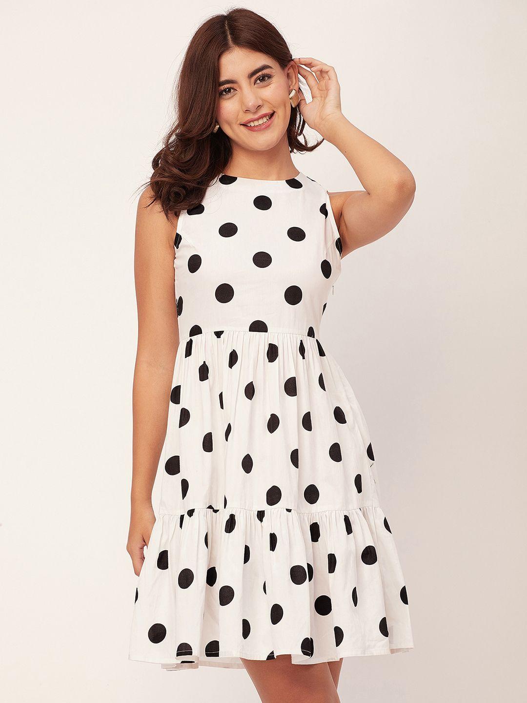 moomaya polka dot printed round neck fit & flare dress