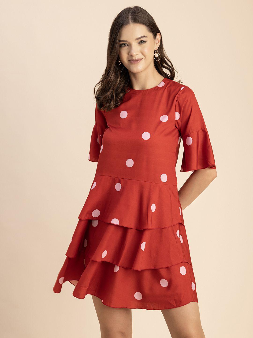 moomaya polka dots print round neck fit & flare dress
