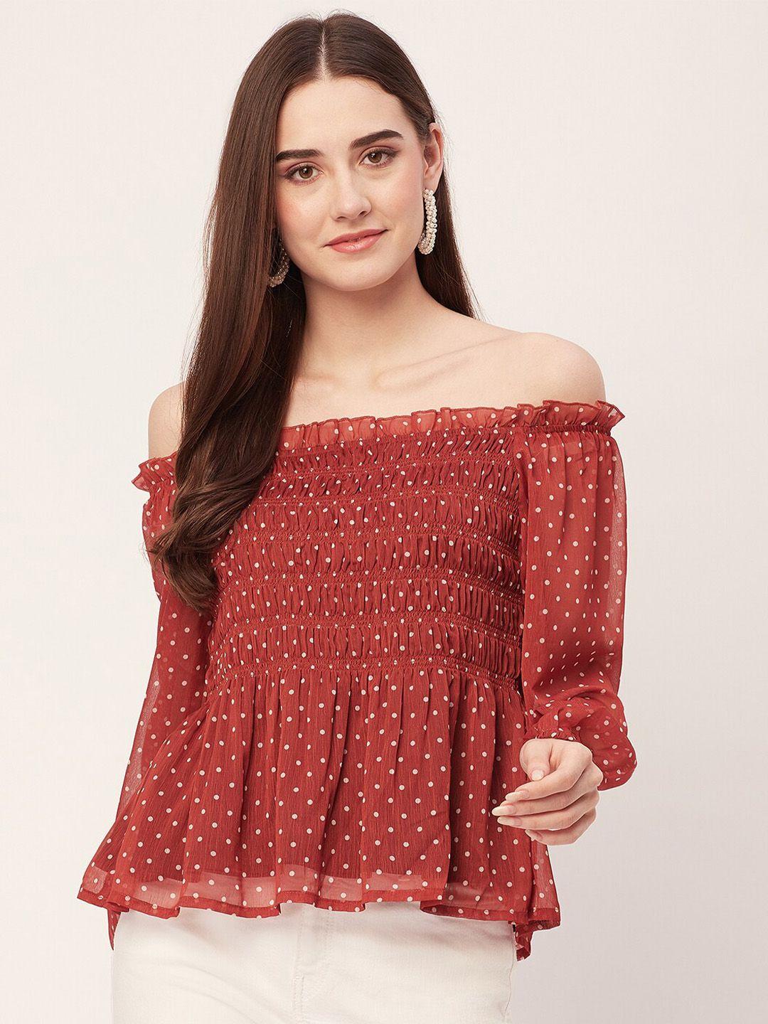 moomaya polka dots printed off-shoulder puff sleeves smocked chiffon regular top