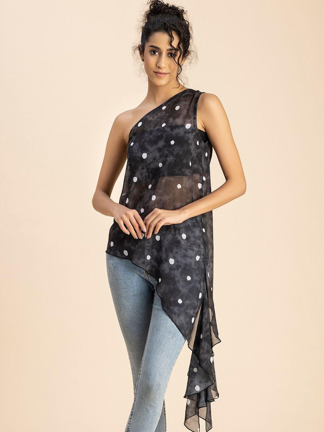 moomaya polka dots printed one shoulder sleeveless georgette asymmetric top