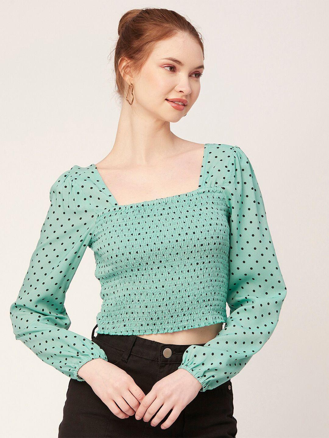 moomaya polka dots printed puff sleeve crop top