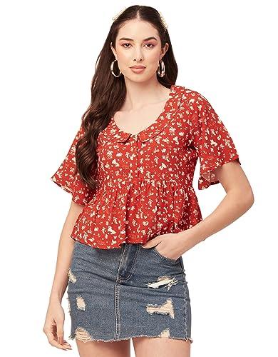 moomaya printed peplum top for women peter pan collar flutter sleeves summer top