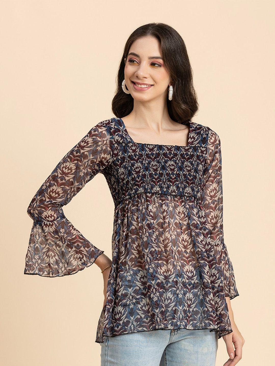 moomaya printed square neck bell sleeve smocking chiffon top