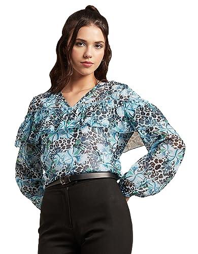 moomaya printed v-neck tops for women, ruffle full sleeve sheer summer tunic top blue