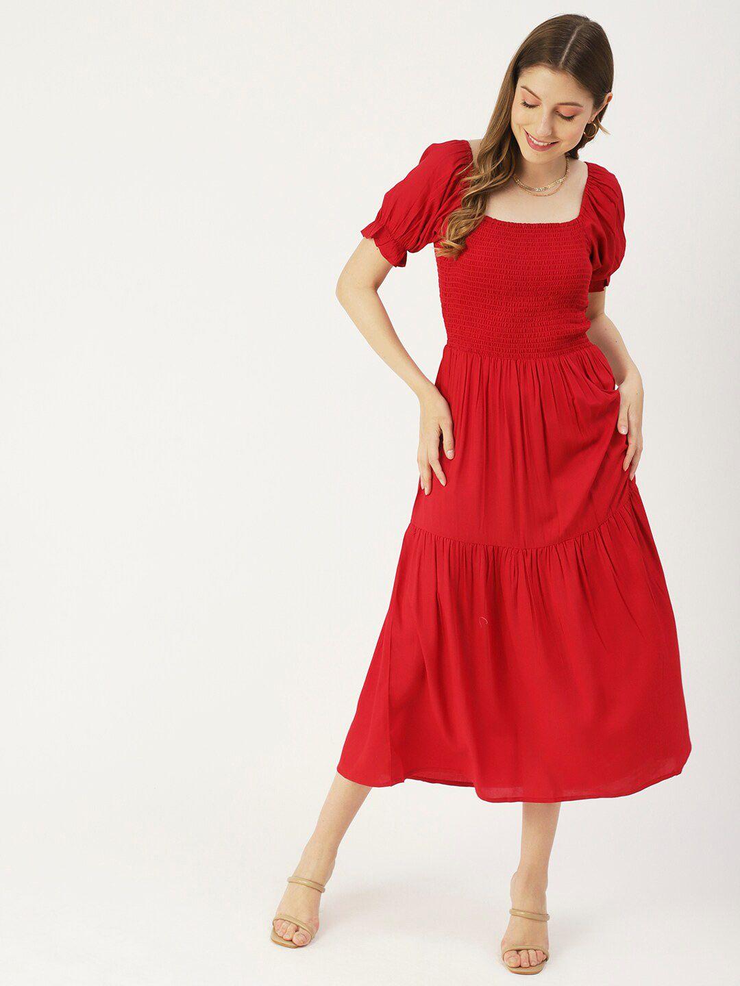 moomaya puff sleeve fit & flare smocked style tiered midi dress