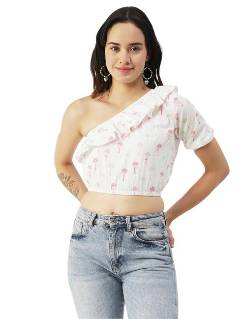 moomaya purple cotton floral print crop top