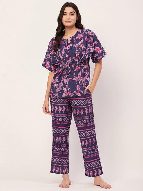 moomaya purple cotton floral print top with pyjamas