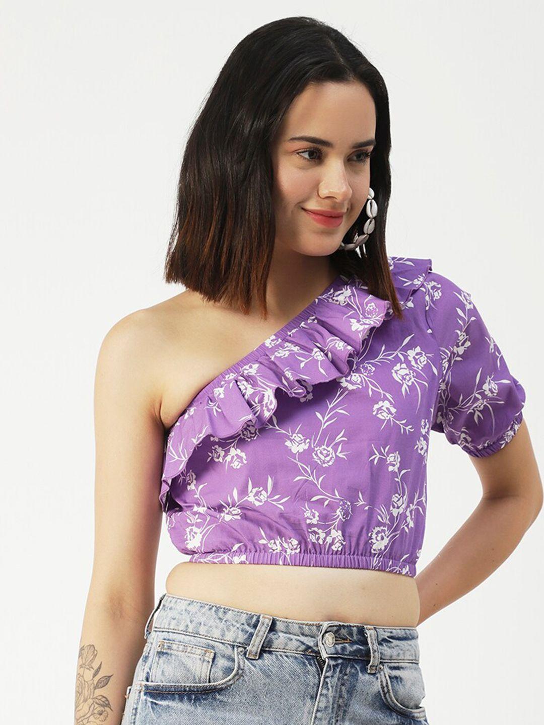 moomaya purple floral print one shoulder cotton wrap crop top