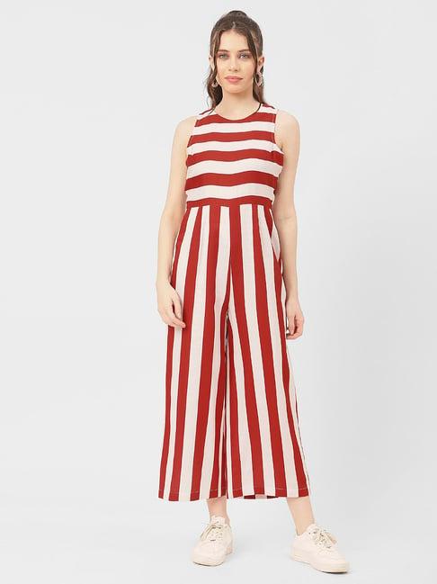 moomaya red & white cotton blend striped jumpsuit