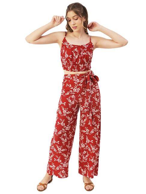 moomaya red floral print crop top with palazzos