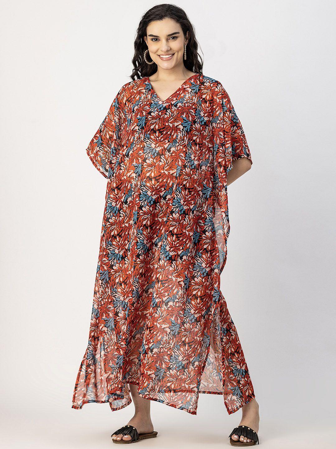 moomaya red floral print kimono sleeve georgette kaftan maxi dress