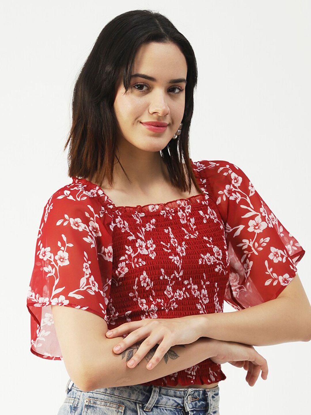 moomaya red floral print mandarin collar flared sleeve georgette wrap crop top