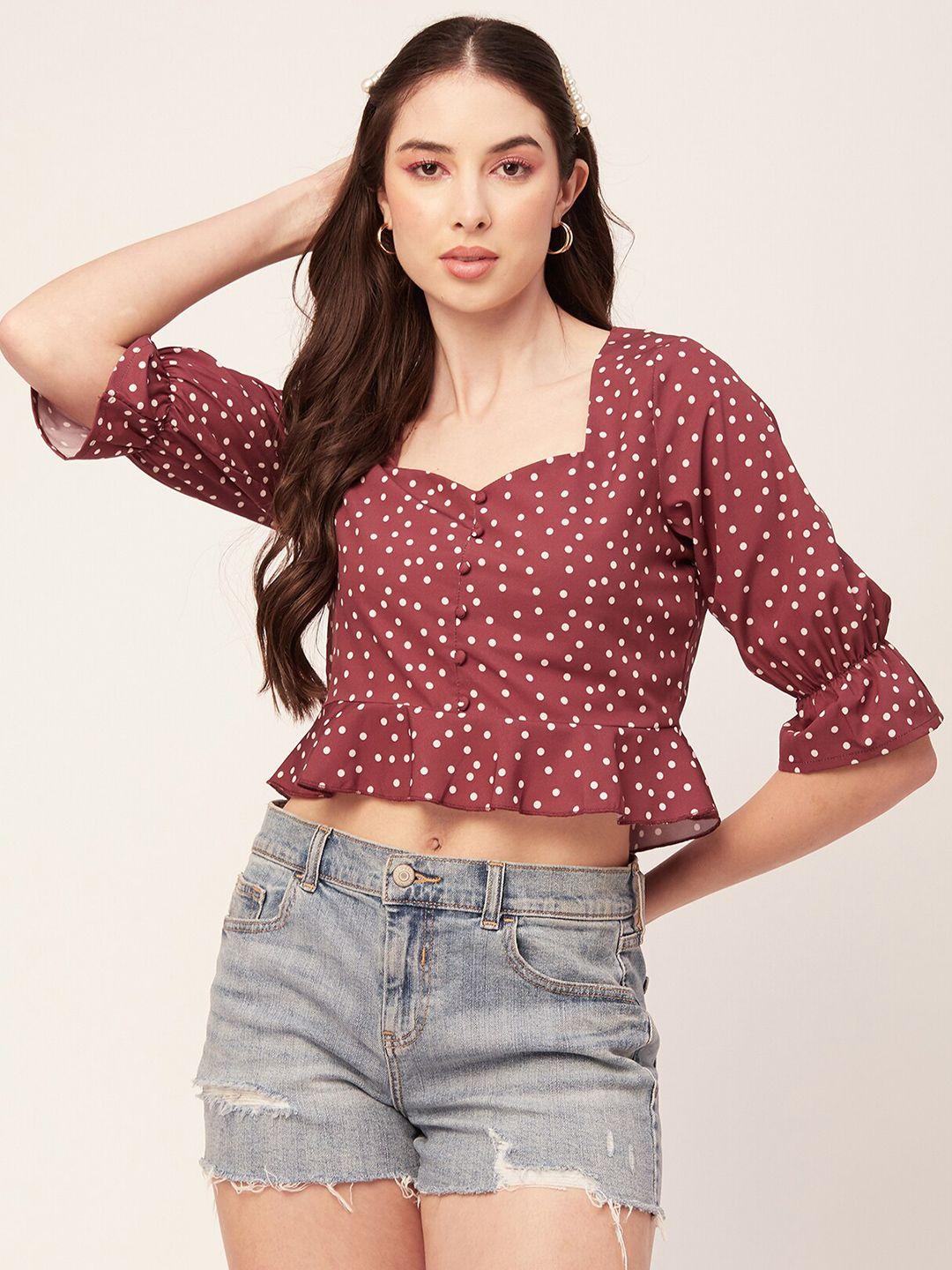 moomaya red floral print sweetheart neck puff sleeve crepe wrap crop top