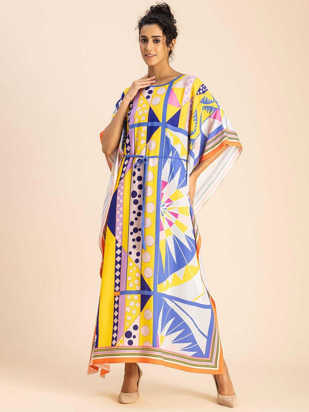 moomaya round neck print kaftan maxi dress