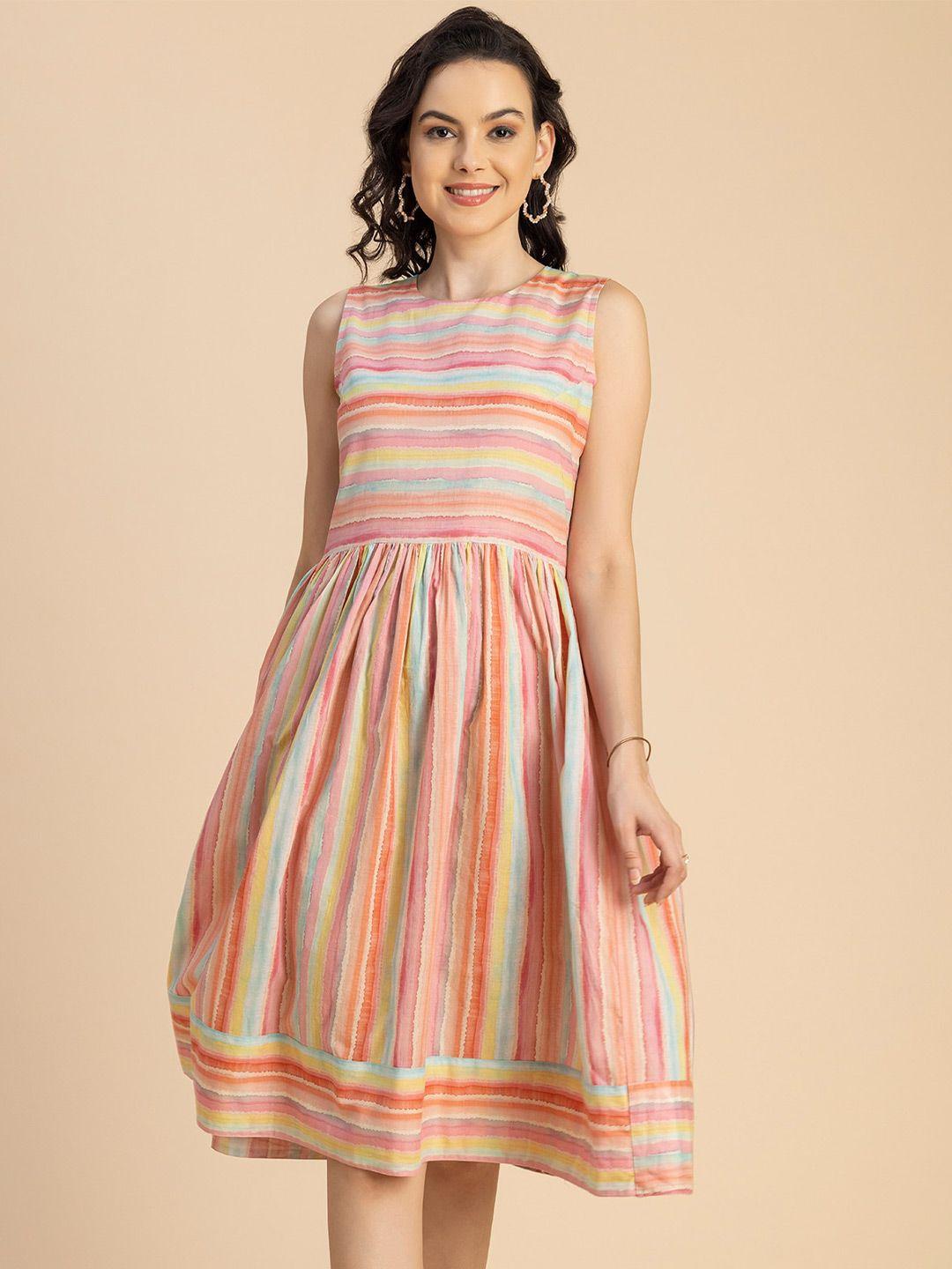 moomaya round neck sleeveless cotton striped fit & flare midi dress