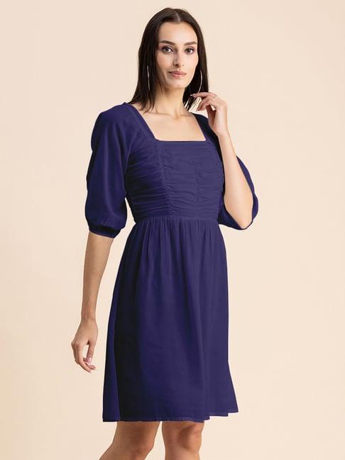 moomaya royal blue regular fit a line dress