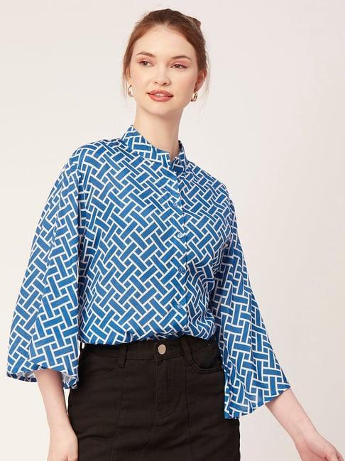 moomaya royal blue viscose printed shirt