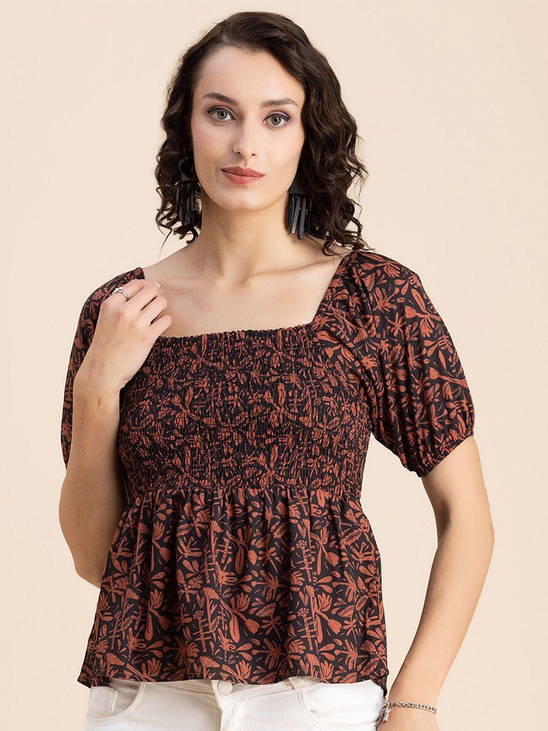 moomaya rust floral print puff sleeve crepe empire top