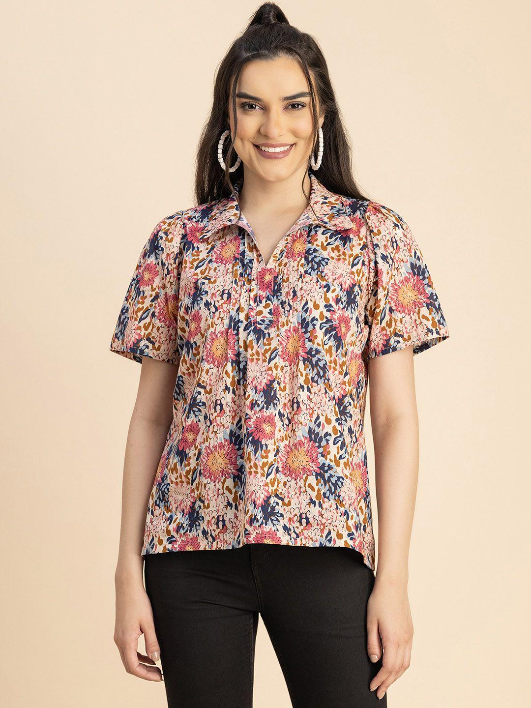 moomaya shirt collar short sleeves floral print cotton top