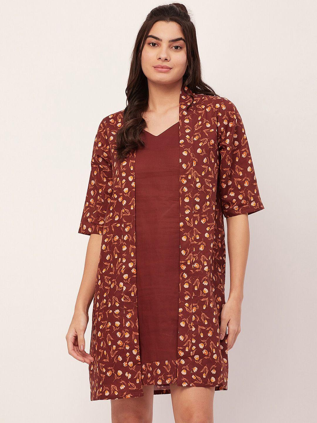 moomaya shoulder strapped pure cotton above knee nightdress with a floral printed shrug