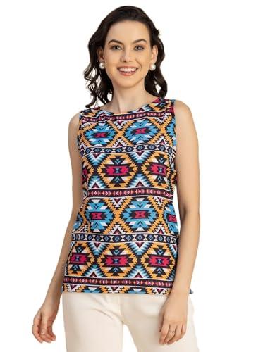 moomaya sleeveless boat neck printed georgette top - women's elegant top