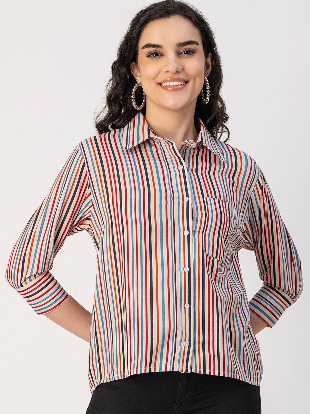 moomaya spread collar three quarter sleeves  opaque striped casual shirt