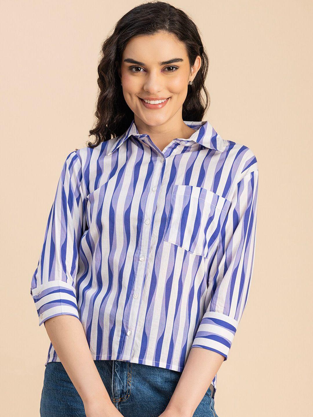 moomaya spread collar three quarter sleeves striped opaque casual shirt