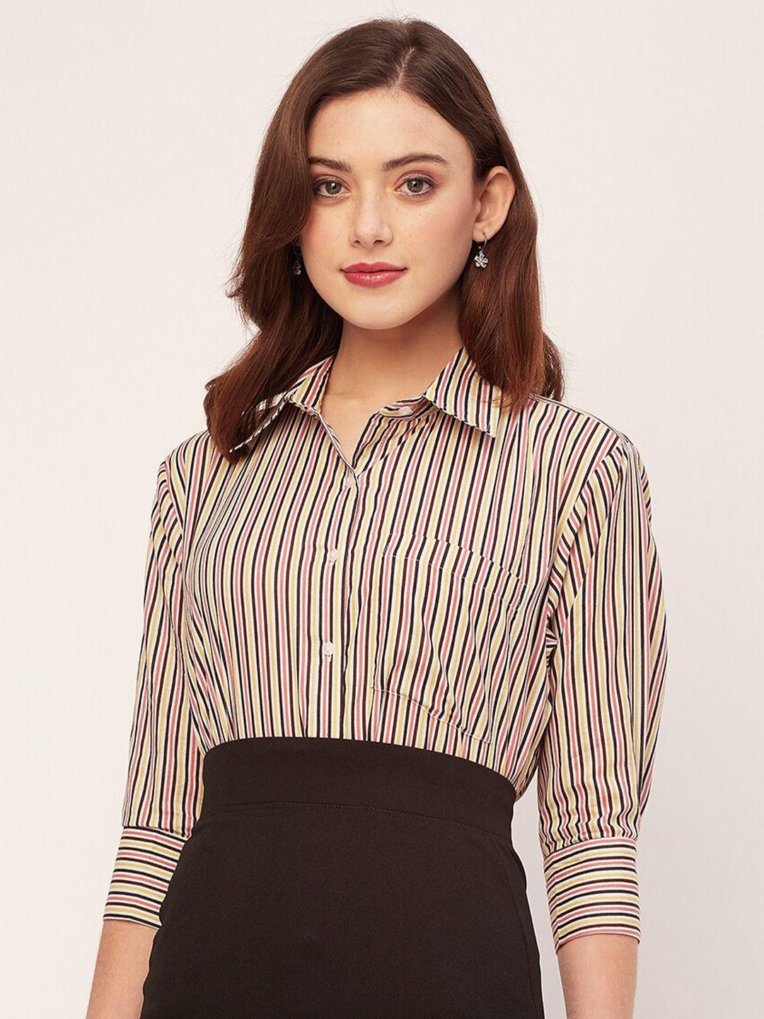 moomaya spread collar three quarter sleeves striped opaque casual shirt