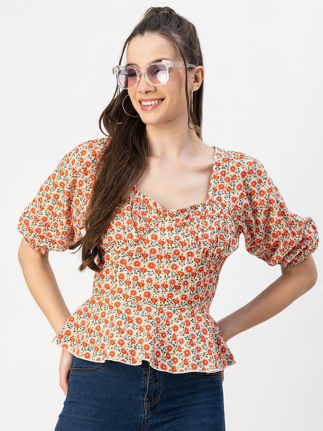 moomaya square neck floral print puff sleeve cotton cinched waist top